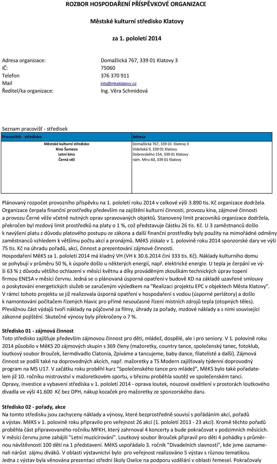 Míru 60, 339 01 Klatovy Plánovaný rozpočet provozního příspěvku na roku v celkové výši 3.890 tis. Kč organizace dodržela.