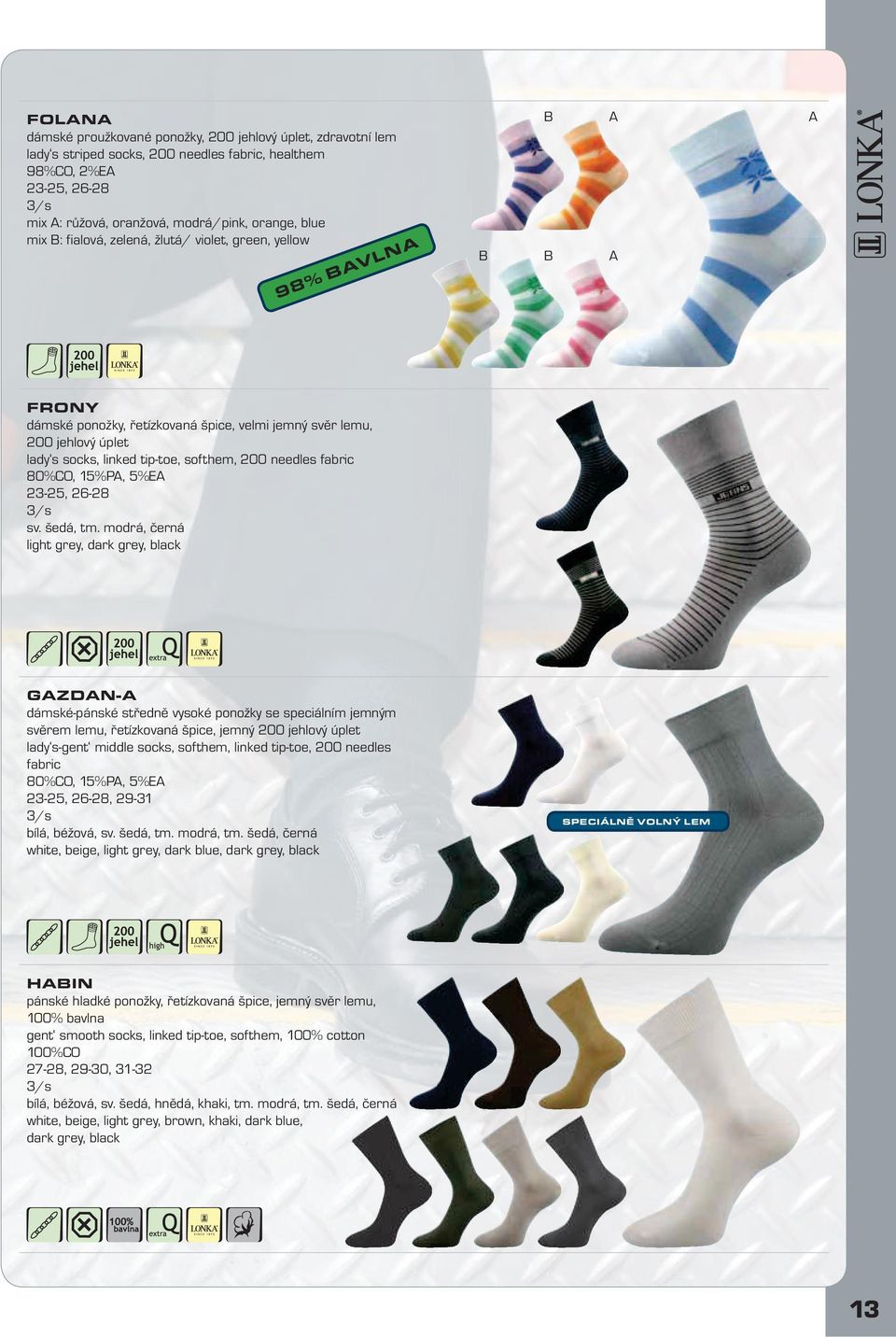 modrá, černá light grey, dark grey, black GZDN- dámské-pánské středně vysoké ponožky se speciálním jemným svěrem lemu, řetízkovaná špice, jemný lady s-gent middle socks, softhem, linked tip-toe, 200