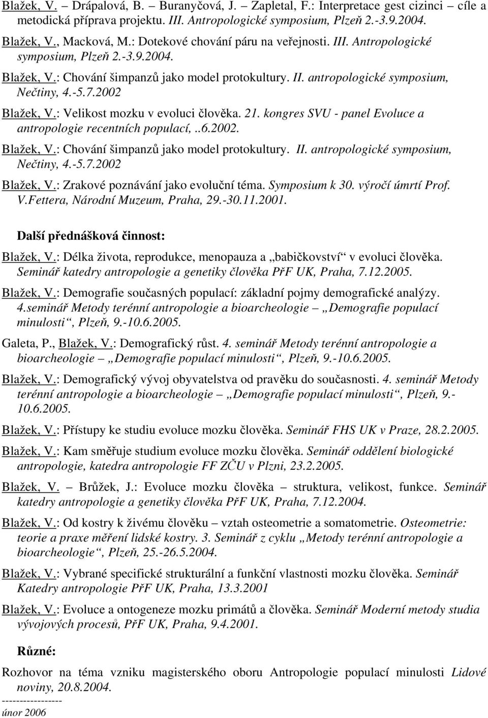 2002 Blažek, V.: Velikost mozku v evoluci člověka. 21. kongres SVU - panel Evoluce a antropologie recentních populací,..6.2002. Blažek, V.: Chování šimpanzů jako model protokultury. II.