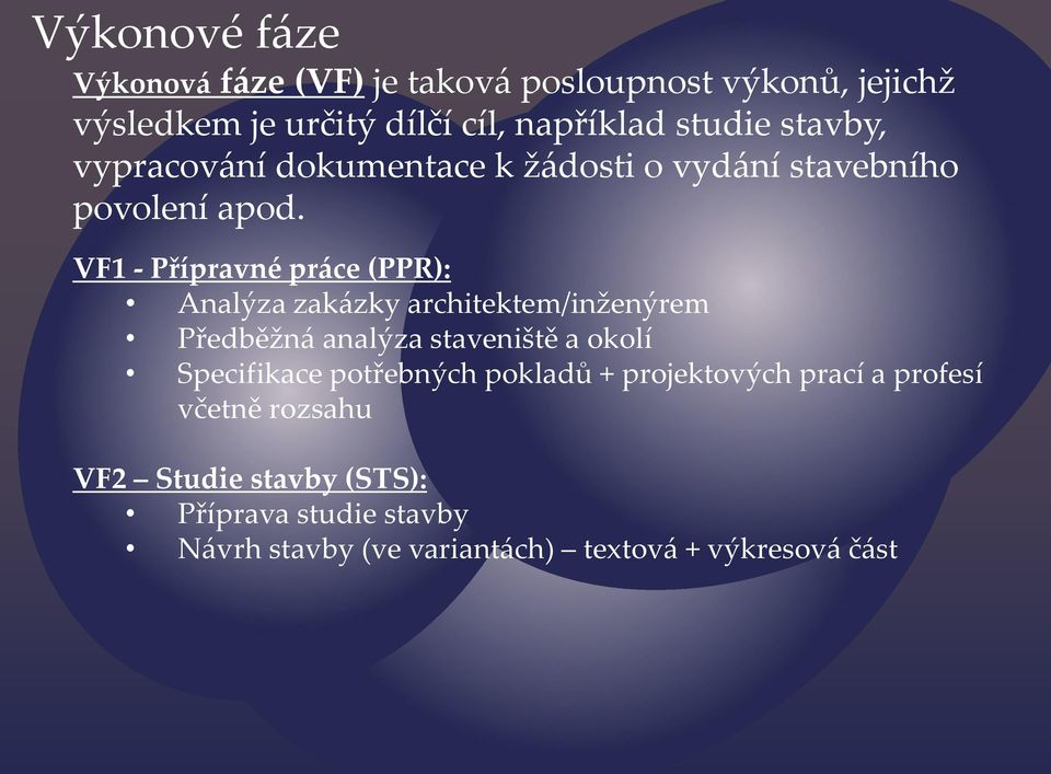 VF1 - Přípravné práce (PPR): Analýza zakázky architektem/inženýrem Předběžná analýza staveniště a okolí Specifikace