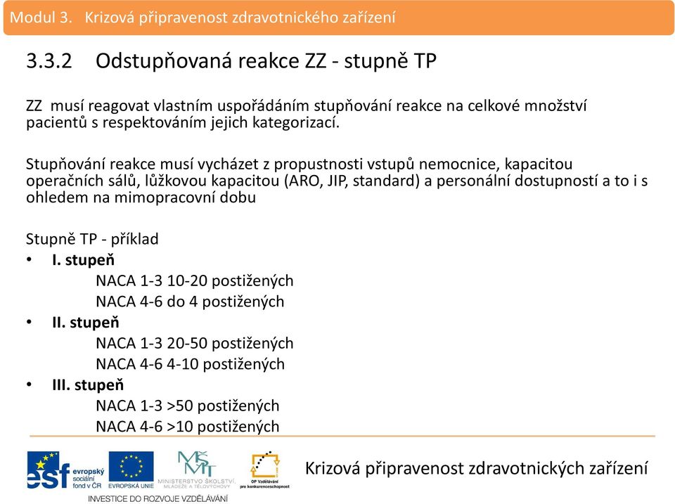 Stupňování reakce musí vycházet z propustnosti vstupů nemocnice, kapacitou operačních sálů, lůžkovou kapacitou (ARO, JIP, standard) a