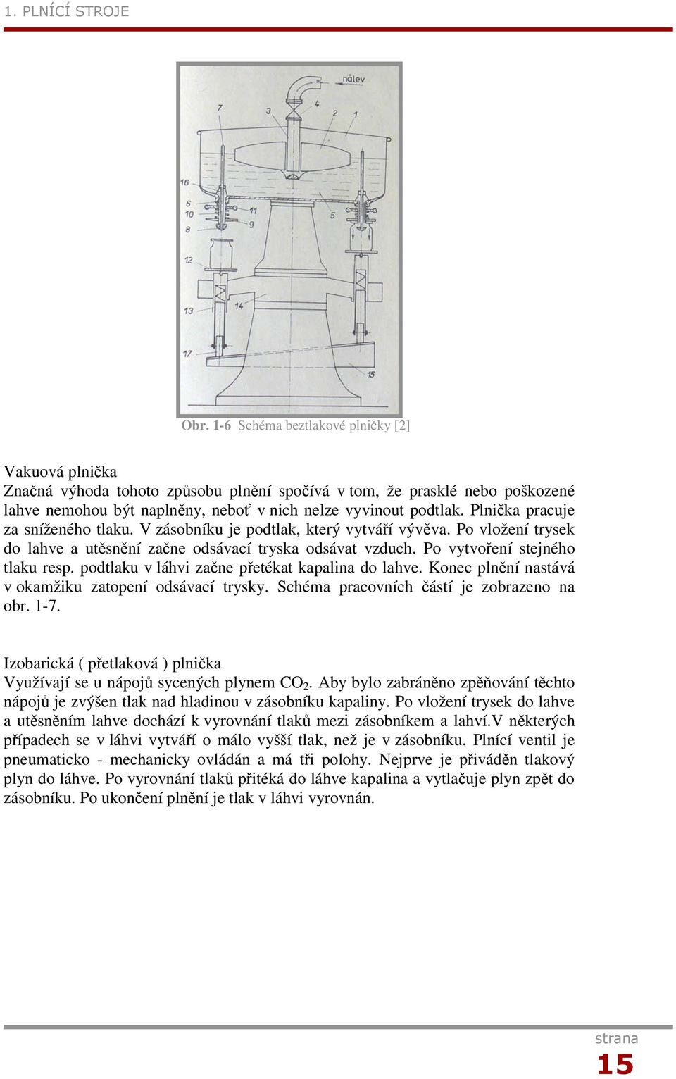 podtlaku v láhvi zane petékat kapalina do lahve. Konec plnní nastává v okamžiku zatopení odsávací trysky. Schéma pracovních ástí je zobrazeno na obr. 1-7.