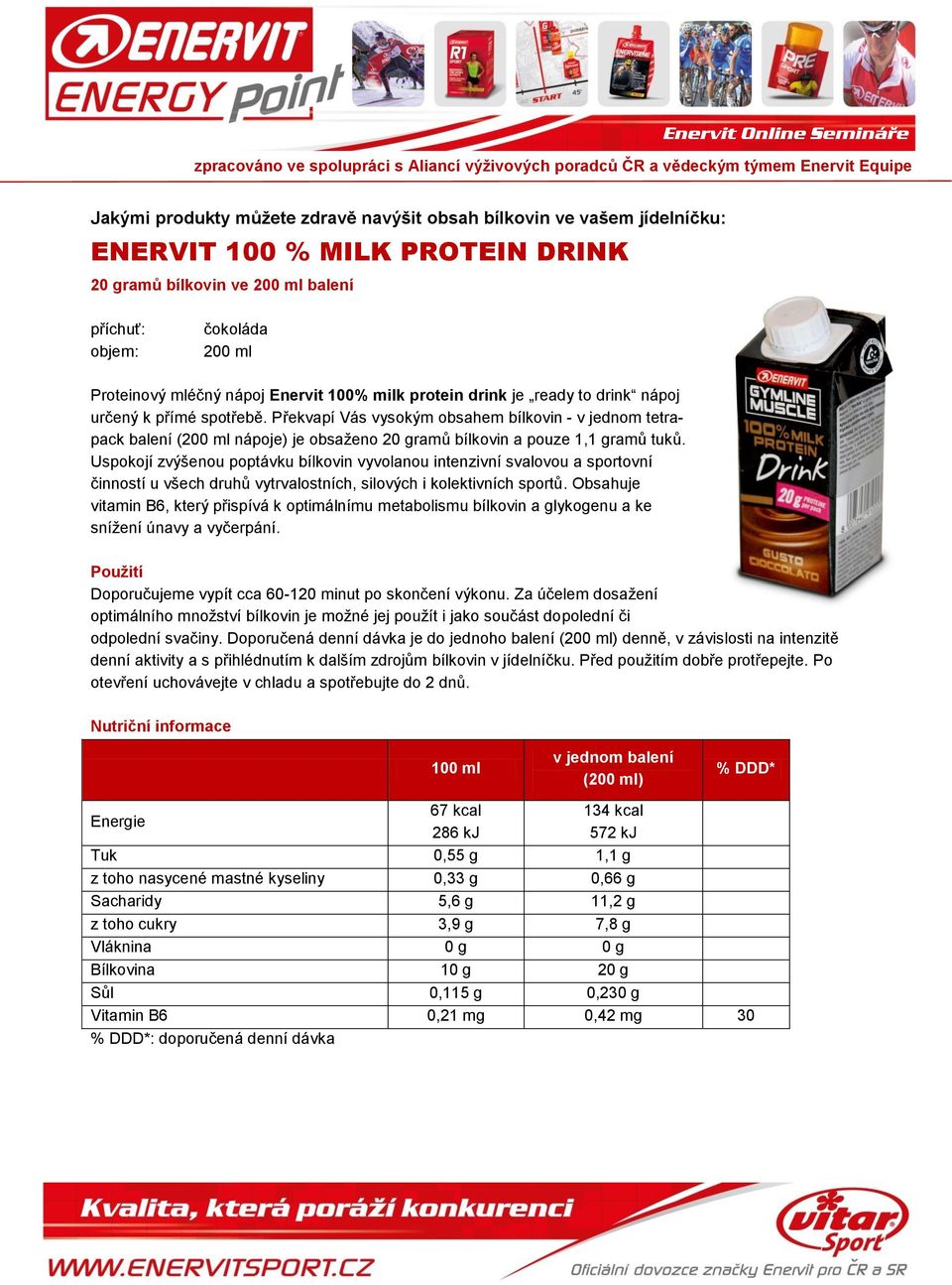 Překvapí Vás vysokým obsahem bílkovin - v jednom tetrapack balení (200 ml nápoje) je obsaženo 20 gramů bílkovin a pouze 1,1 gramů tuků.