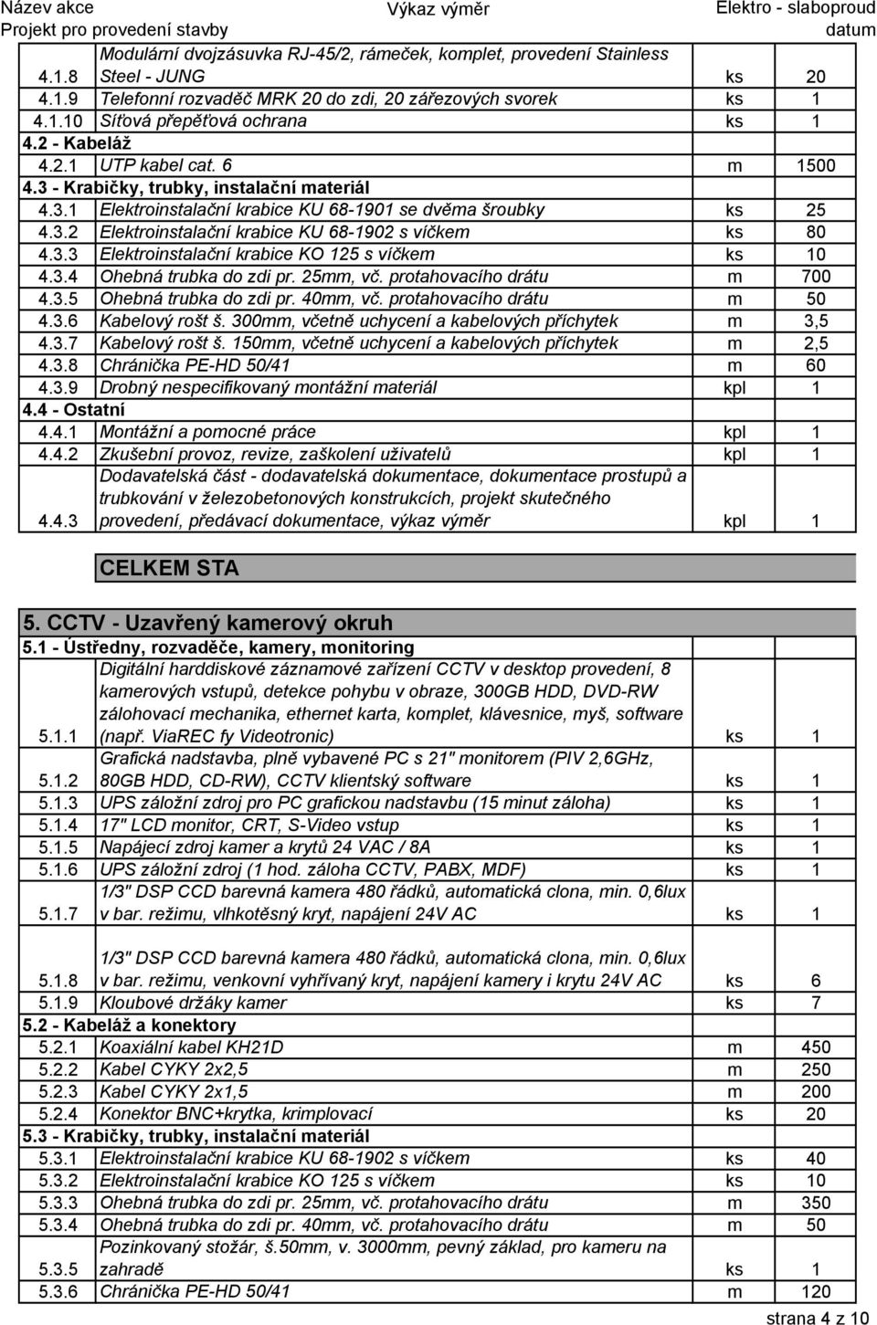 3.3 Elektroinstalační krabice KO 125 s víčkem ks 10 4.3.4 Ohebná trubka do zdi pr. 25mm, vč. protahovacího drátu m 700 4.3.5 Ohebná trubka do zdi pr. 40mm, vč. protahovacího drátu m 50 4.3.6 Kabelový rošt š.