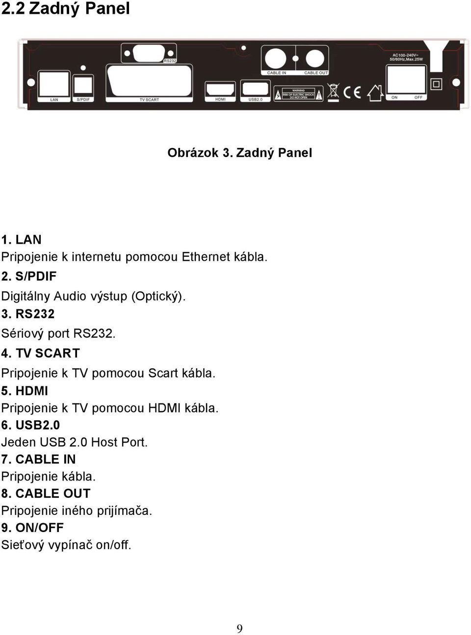 TV SCART Pripojenie k TV pomocou Scart kábla. 5. HDMI Pripojenie k TV pomocou HDMI kábla. 6. USB2.