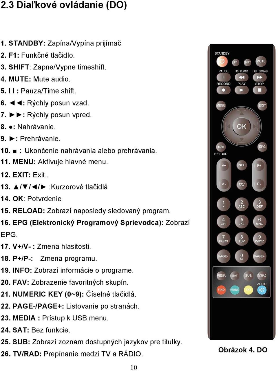 OK: Potvrdenie 15. RELOAD: Zobrazí naposledy sledovan% program. 16. EPG (Elektronick$ Programov$ Sprievodca): Zobrazí EPG. 17. V+/V- : Zmena hlasitosti. 18. P+/P-: Zmena programu. 19.