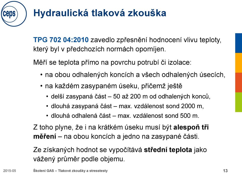 část 50 až 200 m od odhalených konců, dlouhá zasypaná část max. vzdálenost sond 2000 m, dlouhá odhalená část max. vzdálenost sond 500 m.