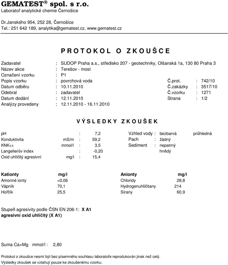 zakázky : 3517/10 Odebral : zadavatel Č.vzorku : 1271 Datum dodání : 12.11.