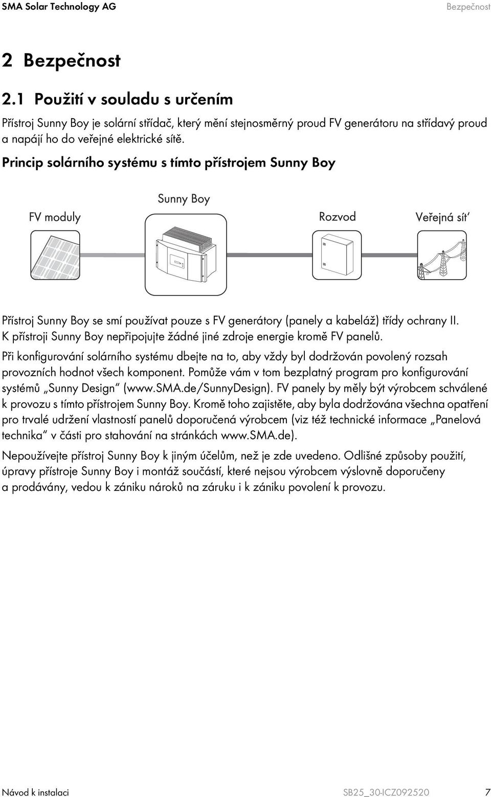 Princip solárního systému s tímto přístrojem Sunny Boy Přístroj Sunny Boy se smí používat pouze s FV generátory (panely a kabeláž) třídy ochrany II.