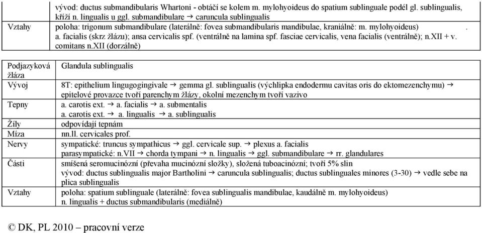 (ventrálně na lamina spf. fasciae cervicalis, vena facialis (ventrálně); n.xii + v. comitans n.xii (dorzálně) Podjazyková žláza Glandula sublingualis 8T: epithelium lingugogingivale gemma gl.
