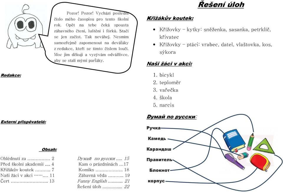 Redakce: Kateřina Gajdáčová Kateřina Kramná Amálie Kořistková David Matoušek Nikola Dostálová Kristýna Šreková David Volný Externí přispěvatelé: ŽÁCI 5. TŘÍDY ŽÁCI 1.