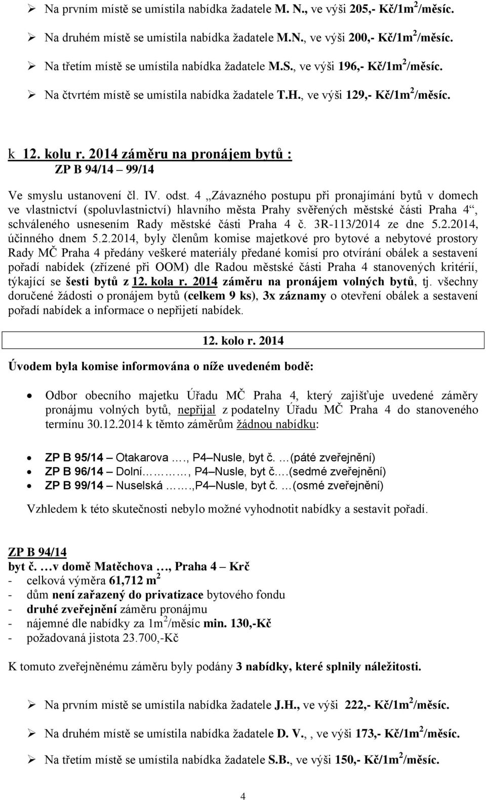 2014 záměru na pronájem bytů : ZP B 94/14 99/14 Ve smyslu ustanovení čl. IV. odst.