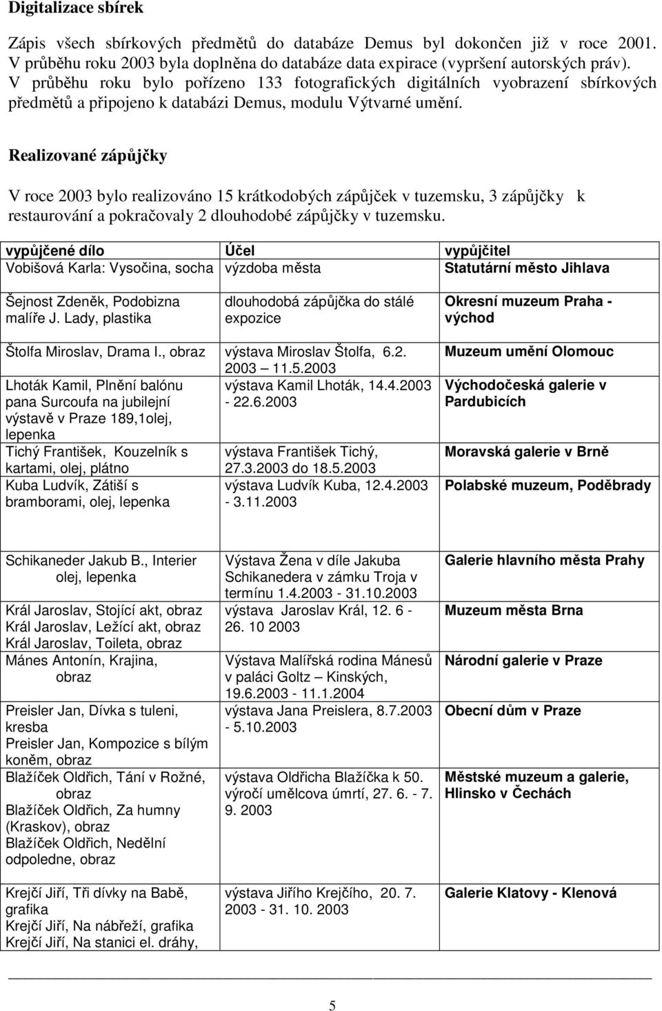 Realizované zápůjčky V roce 2003 bylo realizováno 15 krátkodobých zápůjček v tuzemsku, 3 zápůjčky k restaurování a pokračovaly 2 dlouhodobé zápůjčky v tuzemsku.