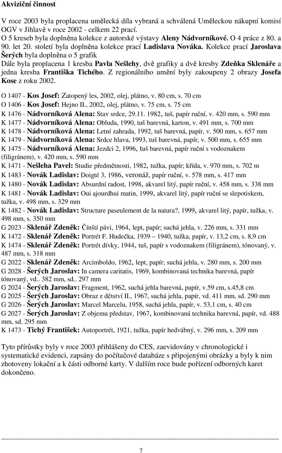 Kolekce prací Jaroslava Šerých byla doplněna o 5 grafik Dále byla proplacena 1 kresba Pavla Nešlehy, dvě grafiky a dvě kresby Zdeňka Sklenáře a jedna kresba Františka Tichého.