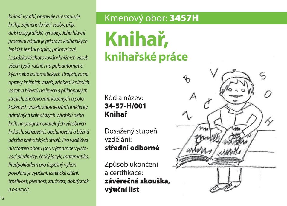 ruční opravy knižních vazeb; zdobení knižních vazeb a hřbetů na lisech a příklopových strojích; zhotovování kožených a polokožených vazeb; zhotovování umělecky náročných knihařských výrobků nebo knih