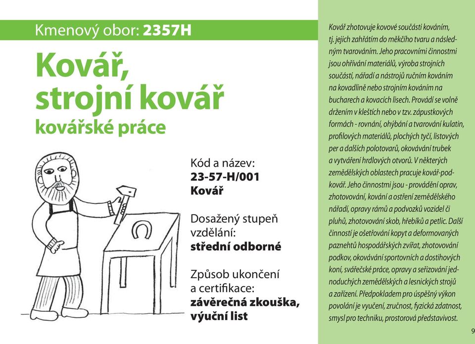 Jeho pracovními činnostmi jsou ohřívání materiálů, výroba strojních součástí, nářadí a nástrojů ručním kováním na kovadlině nebo strojním kováním na bucharech a kovacích lisech.