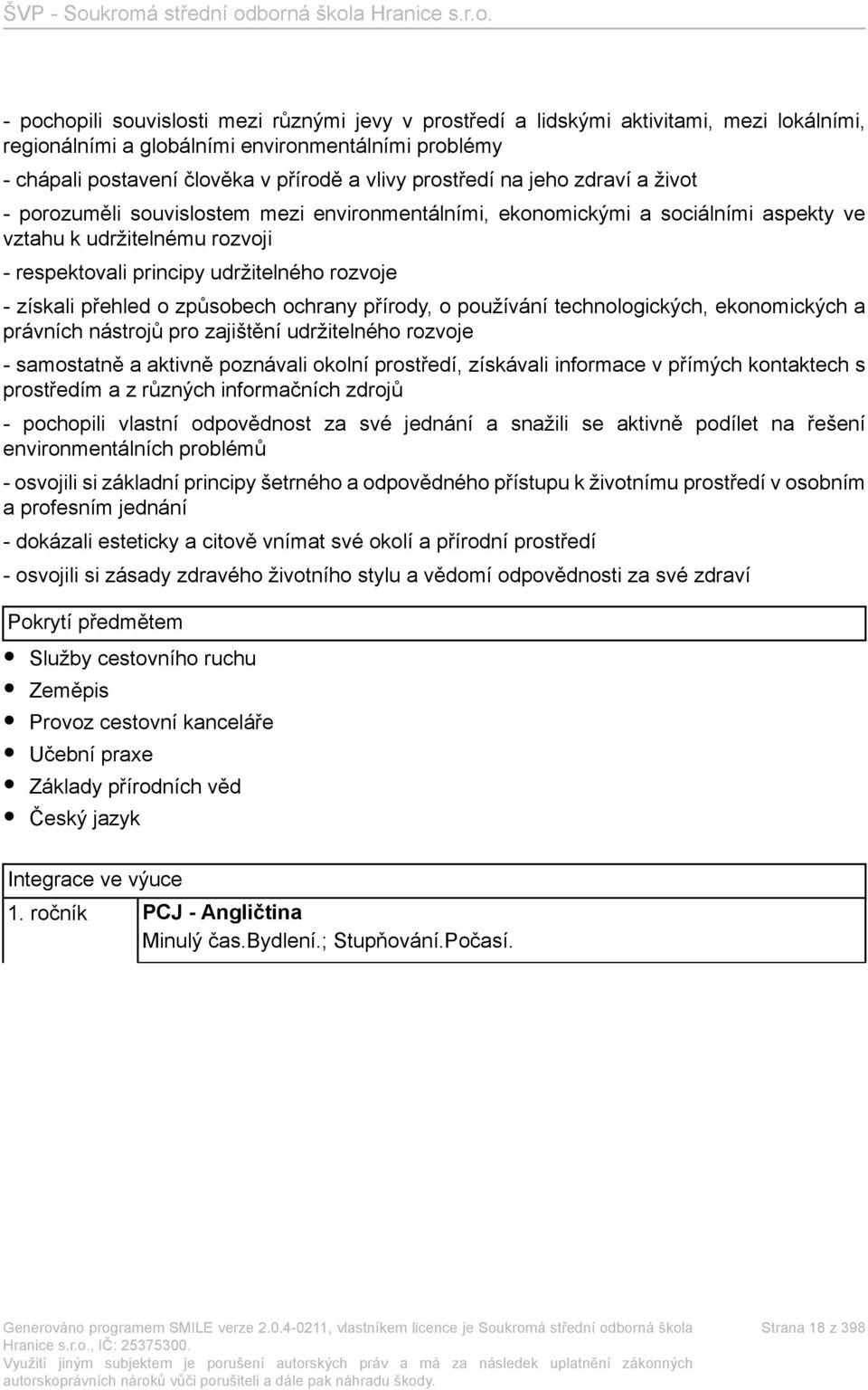 získali přehled o způsobech ochrany přírody, o používání technologických, ekonomických a právních nástrojů pro zajištění udržitelného rozvoje - samostatně a aktivně poznávali okolní prostředí,