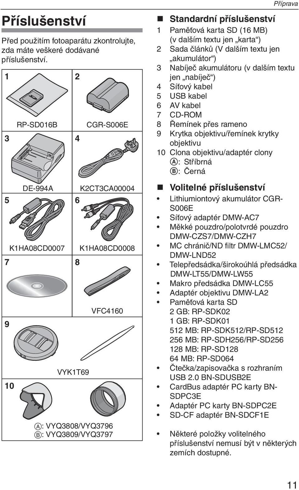 MB) (v dalším textu jen karta ) 2 Sada článků (V dalším textu jen akumulátor ) 3 Nabíječ akumulátoru (v dalším textu jen nabíječ ) 4 Síťový kabel 5 USB kabel 6 AV kabel 7 CD-ROM 8 Řemínek přes rameno