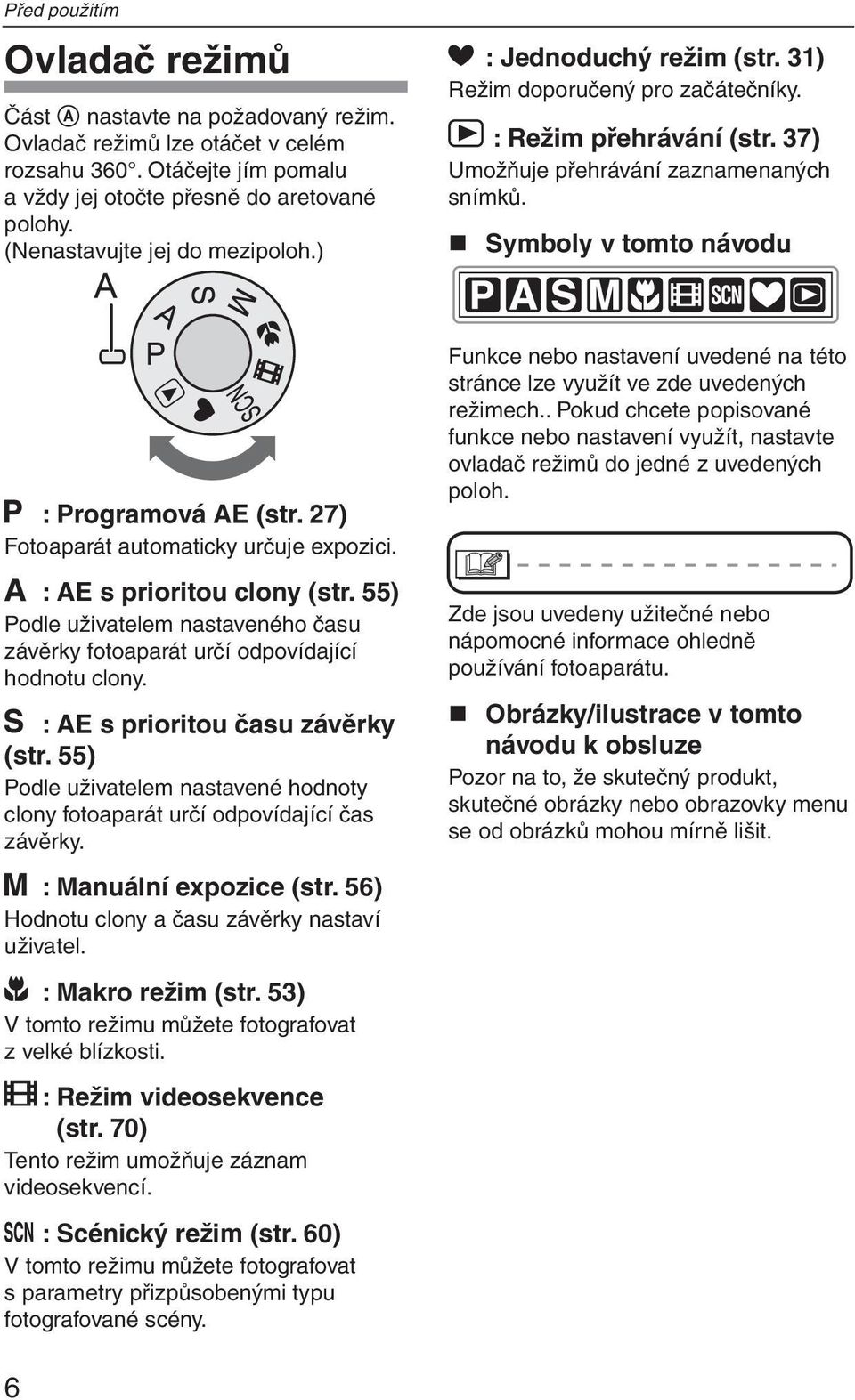 Symboly v tomto návodu : Programová AE (str. 27) Fotoaparát automaticky určuje expozici. : AE s prioritou clony (str.