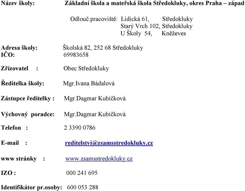 IČO: 69983658 Zřizovatel : Obec Středokluky Ředitelka školy: Zástupce ředitelky : Výchovný poradce: Mgr.Ivana Bádalová Mgr.