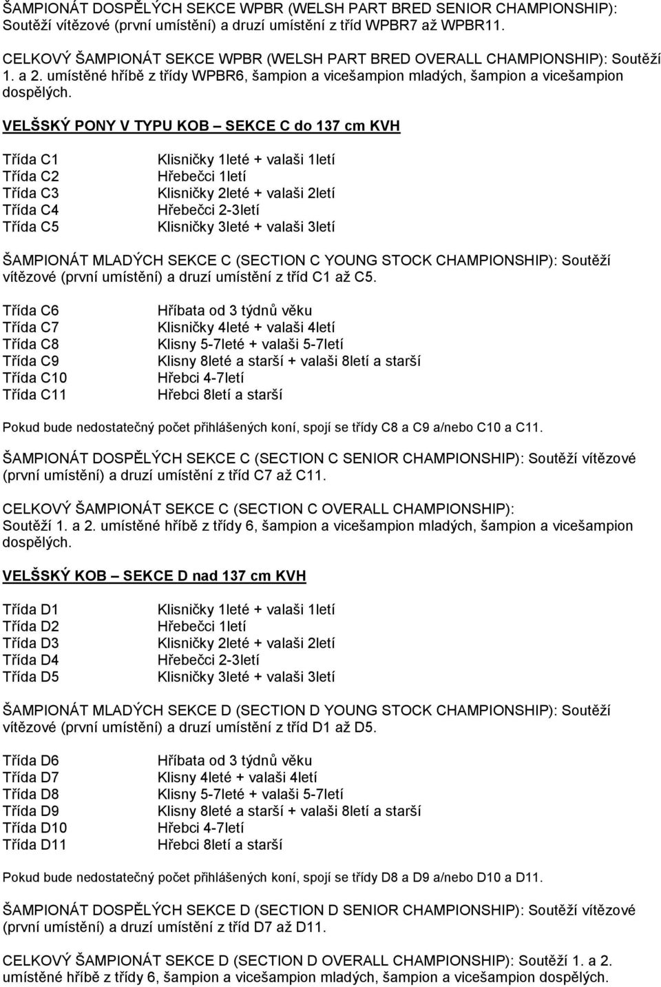 VELŠSKÝ PONY V TYPU KOB SEKCE C do 137 cm KVH Třída C1 Třída C2 Třída C3 Třída C4 Třída C5 ŠAMPIONÁT MLADÝCH SEKCE C (SECTION C YOUNG STOCK CHAMPIONSHIP): Soutěží vítězové (první umístění) a druzí