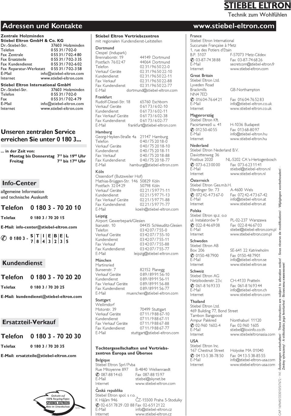 -Stiebel-Str. 0 Holzminden Telefon 0 / 0-0 Fax 0/0- info@stiebel-eltron.com www.stiebel-eltron.com Unseren zentralen Service erreichen Sie unter 0 0.