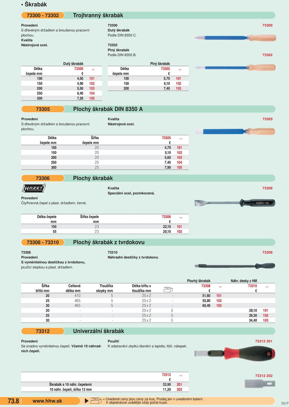 .. čepele 100 5,70 101 150 6,10 102 200 7,40 103 73300 73302 73305 Plochý škrabák DIN 8350 A S dřevěným držadlem a broušenou pracovní plochou. Nástrojová ocel. 73305 Délka Šířka 73305.