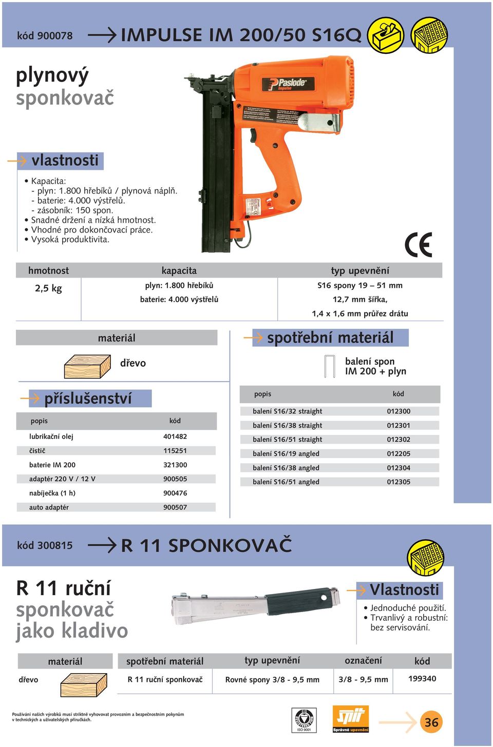 000 v stfielû S16 spony 19 51 mm 12,7 mm ífika, materiál pfiíslu enství lubrikaãní olej 401482 ãistiã 115251 baterie IM 200 321300 adaptér 220 V / 12 V 900505 nabíjeãka (1 h) 900476 auto adaptér