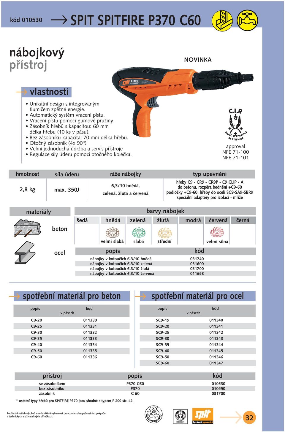 Otoãn zásobník (4x 90 O ) Velmi jednoduchá údrïba a servis pfiístroje Regulace síly úderu pomocí otoãného koleãka. approval NFE 71-100 NFE 71-101 síla úderu ráïe nábojky 2,8 kg max.