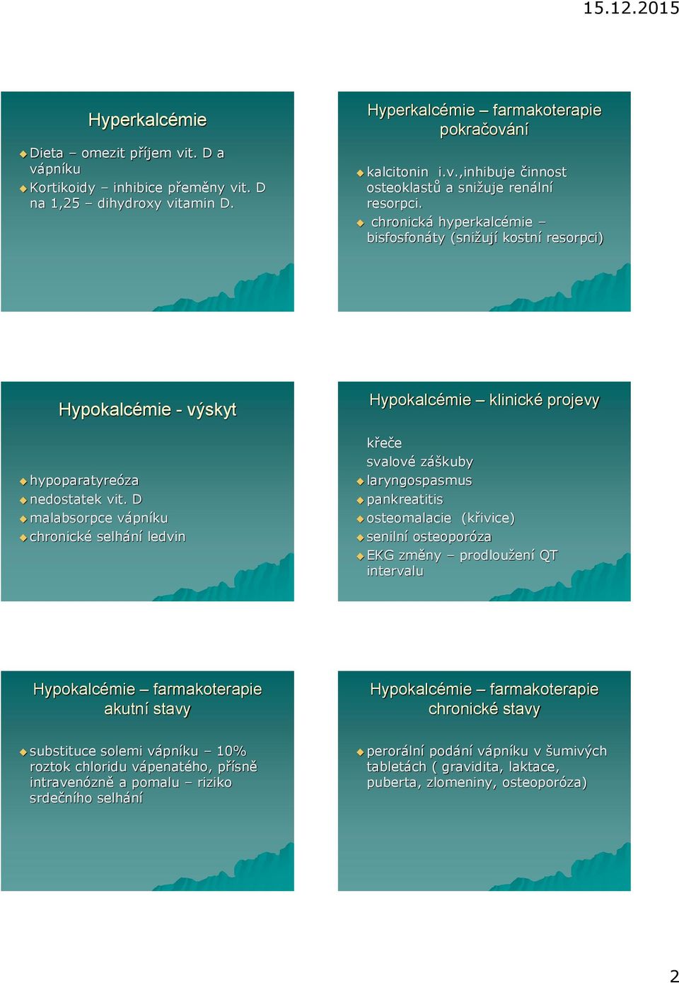 D malabsorpce vápníku chronické selhání ledvin Hypokalcémie klinické projevy křeče svalové záškuby laryngospasmus pankreatitis osteomalacie (křivice) senilní osteoporóza EKG změny prodloužení QT