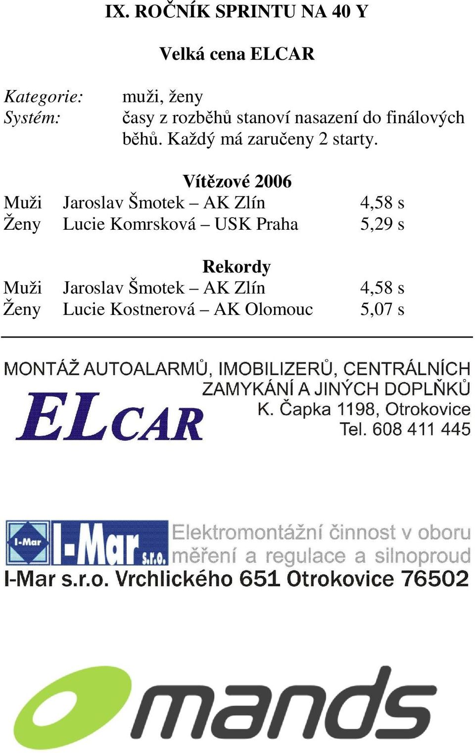 Vítězové 2006 Muži Jaroslav Šmotek AK Zlín 4,58 s Ženy Lucie Komrsková USK Praha