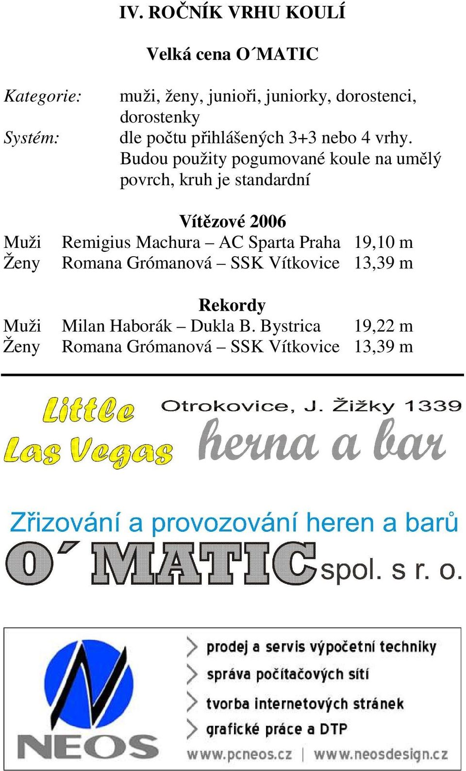 Budou použity pogumované koule na umělý povrch, kruh je standardní Muži Ženy Vítězové 2006 Remigius