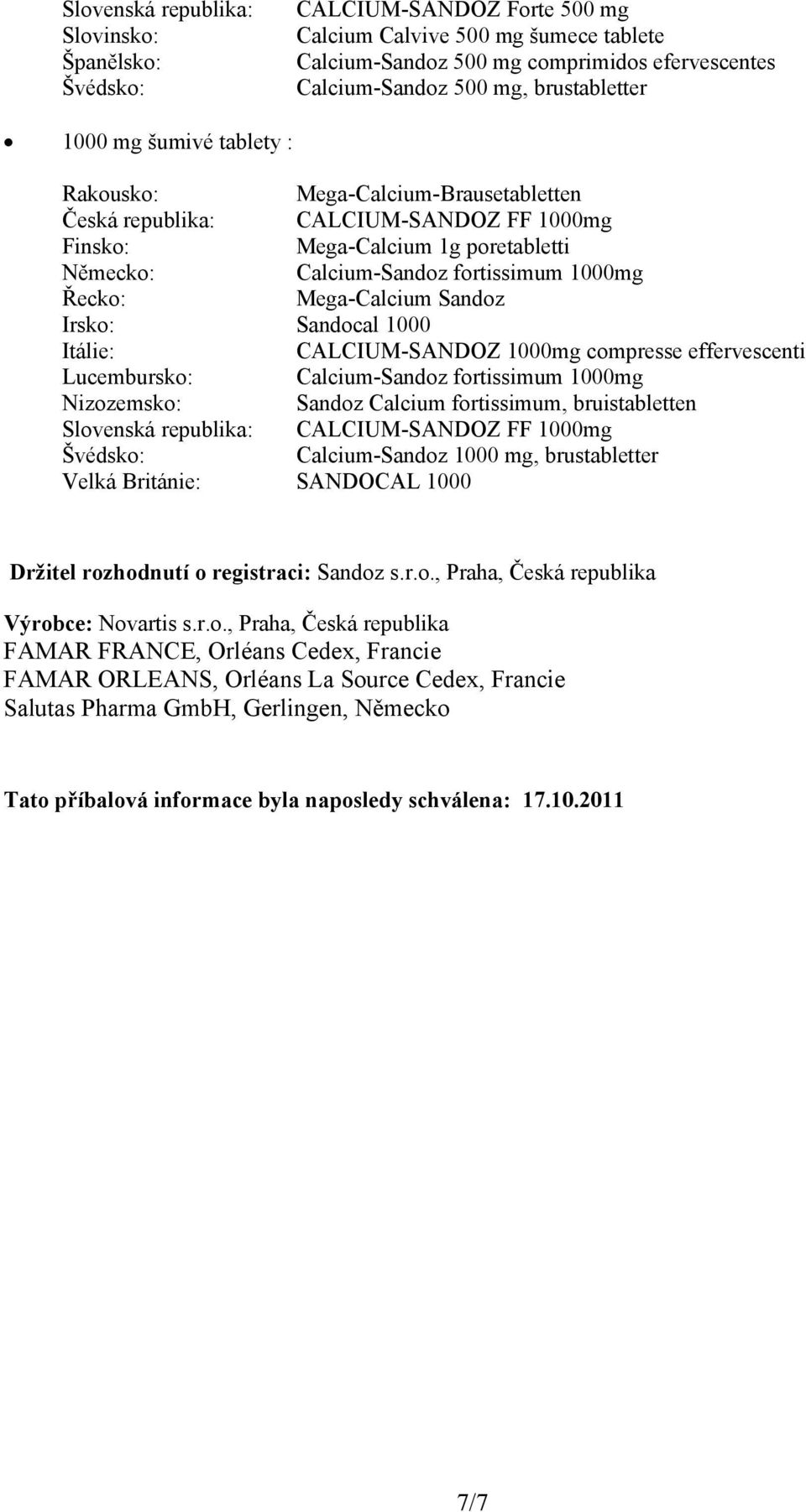 Řecko: Mega-Calcium Sandoz Irsko: Sandocal 1000 Itálie: CALCIUM-SANDOZ 1000mg compresse effervescenti Lucembursko: Calcium-Sandoz fortissimum 1000mg Nizozemsko: Sandoz Calcium fortissimum,