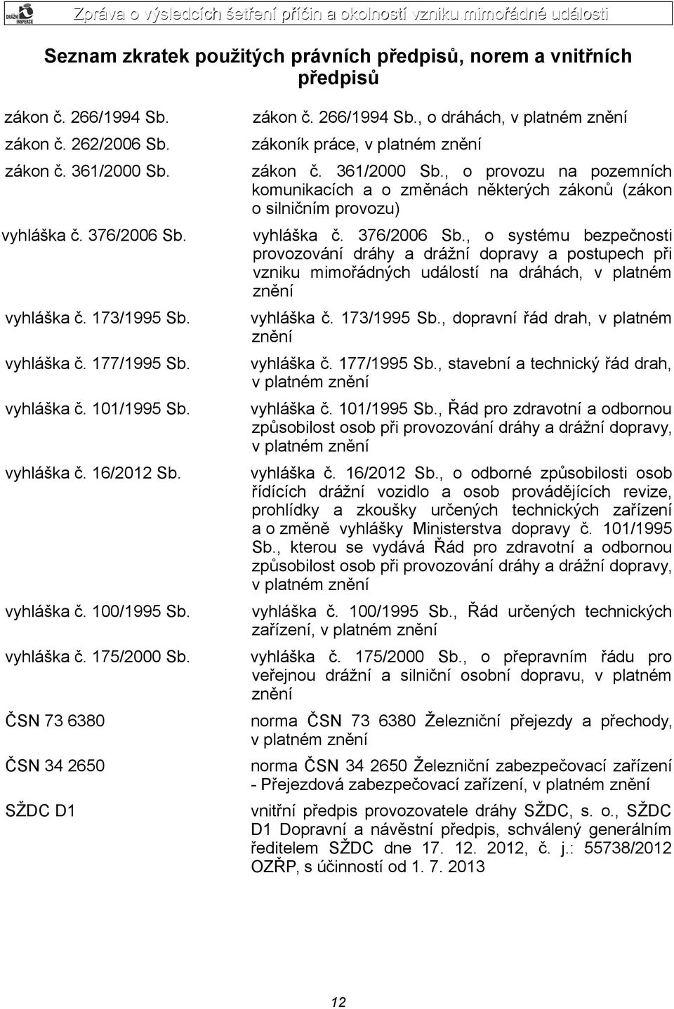 , o dráhách, v platném znění zákoník práce, v platném znění zákon č. 361/2000 Sb., o provozu na pozemních komunikacích a o změnách některých zákonů (zákon o silničním provozu) vyhláška č. 376/2006 Sb.