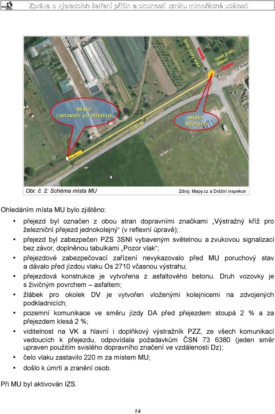 zabezpečen PZS 3SNI vybaveným světelnou a zvukovou signalizací bez závor, doplněnou tabulkami Pozor vlak ; přejezdové zabezpečovací zařízení nevykazovalo před MU poruchový stav a dávalo před jízdou