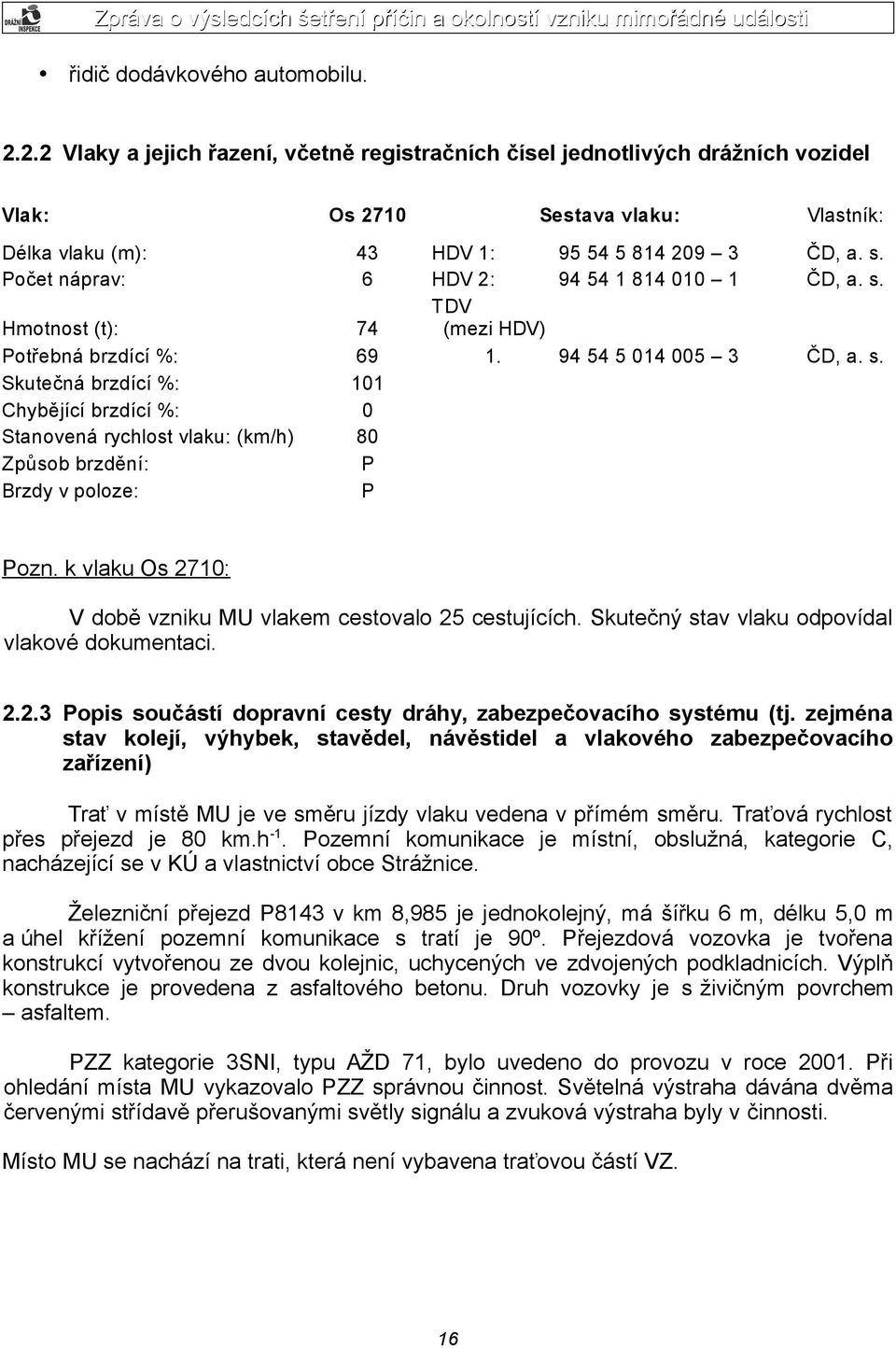 Počet náprav: 6 HDV 2: 94 54 1 814 010 1 ČD, a. s. Hmotnost (t): 74 TDV (mezi HDV) Potřebná brzdící %: 69 1. 94 54 5 014 005 3 ČD, a. s. Skutečná brzdící %: 101 Chybějící brzdící %: 0 Stanovená rychlost vlaku: (km/h) 80 Způsob brzdění: P Brzdy v poloze: P Pozn.