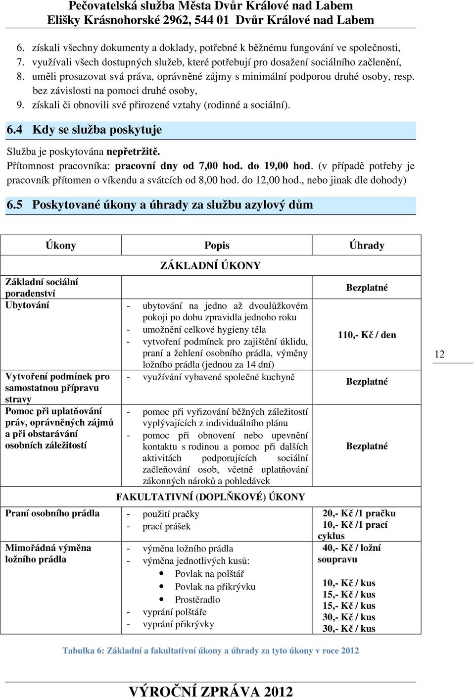 4 Kdy se služba poskytuje Služba je poskytována nepřetržitě. Přítomnost pracovníka: pracovní dny od 7,00 hod. do 19,00 hod. (v případě potřeby je pracovník přítomen o víkendu a svátcích od 8,00 hod.