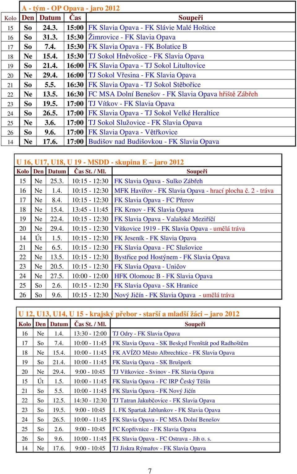 5. 16:30 FC MSA Dolní Benešov - FK Slavia Opava hřiště Zábřeh 23 So 19.5. 17:00 TJ Vítkov - FK Slavia Opava 24 So 26.5. 17:00 FK Slavia Opava - TJ Sokol Velké Heraltice 25 Ne 3.6. 17:00 TJ Sokol Služovice - FK Slavia Opava 26 So 9.