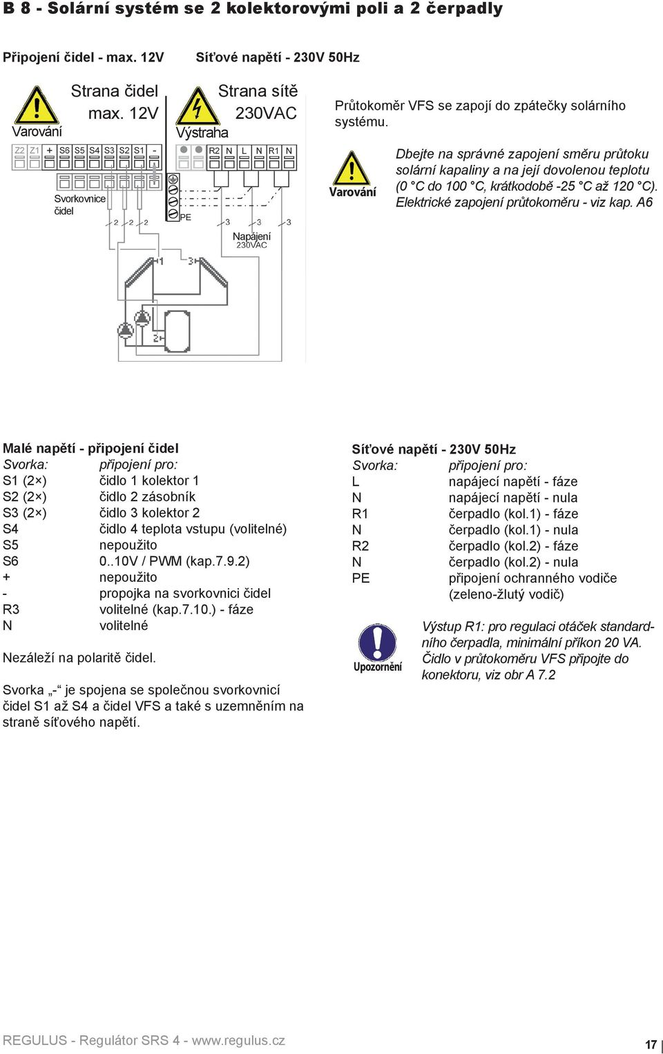 Dbejte na správné zapojení směru průtoku solární kapaliny a na její dovolenou teplotu (0 C do 100 C, krátkodobě -25 C až 120 C). Elektrické zapojení průtokoměru - viz kap.