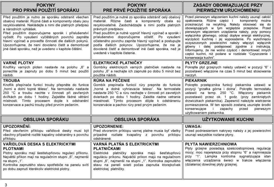 Po vysušení vyčištěných povrchů zapněte hlavní vypínač a proveďte činnosti dle dalších pokynů. Upozorňujeme, že není dovoleno čistit a demontovat jiné části sporáku, než je uvedeno v kapitole čištění.