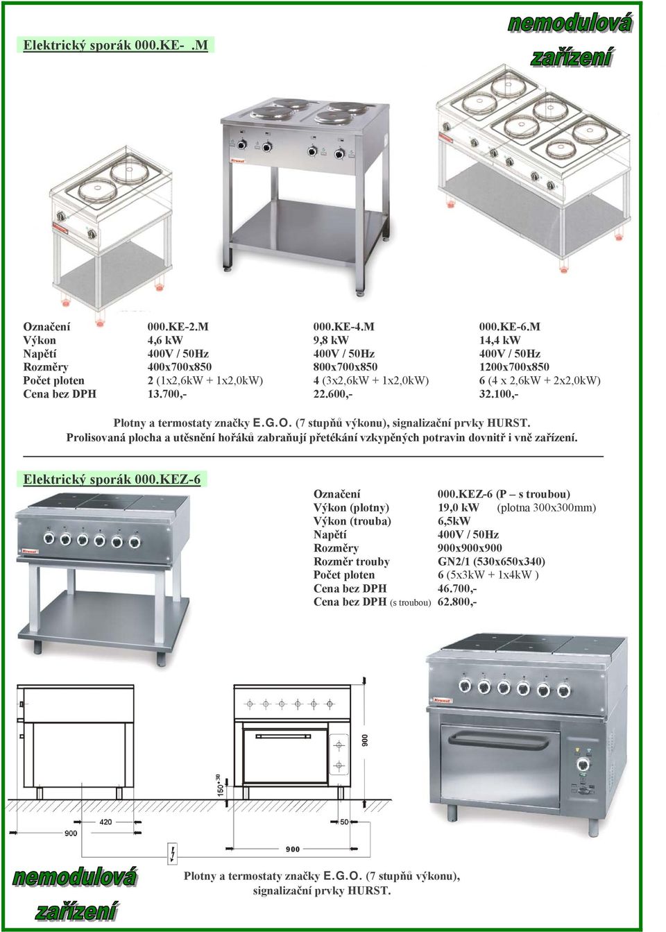 700,- 22.600,- 32.100,- Plotny a termostaty značky E.G.O. (7 stupňů výkonu), signalizační prvky HURST.