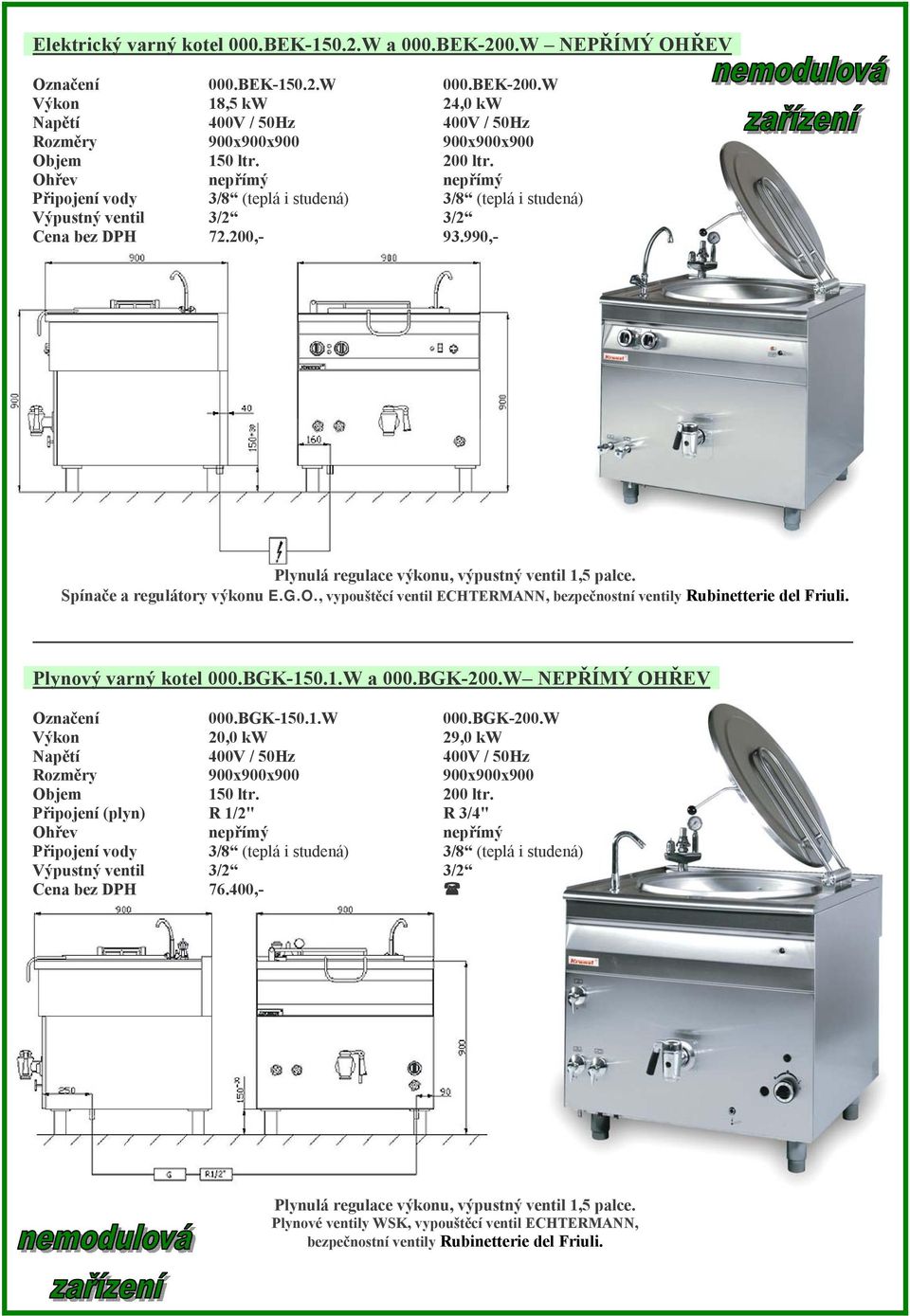 Spínače a regulátory výkonu E.G.O., vypouštěcí ventil ECHTERMANN, bezpečnostní ventily Rubinetterie del Friuli. Plynový varný kotel 000.BGK-150.1.W a 000.BGK-200.W NEPŘÍMÝ OHŘEV 000.BGK-150.1.W 000.