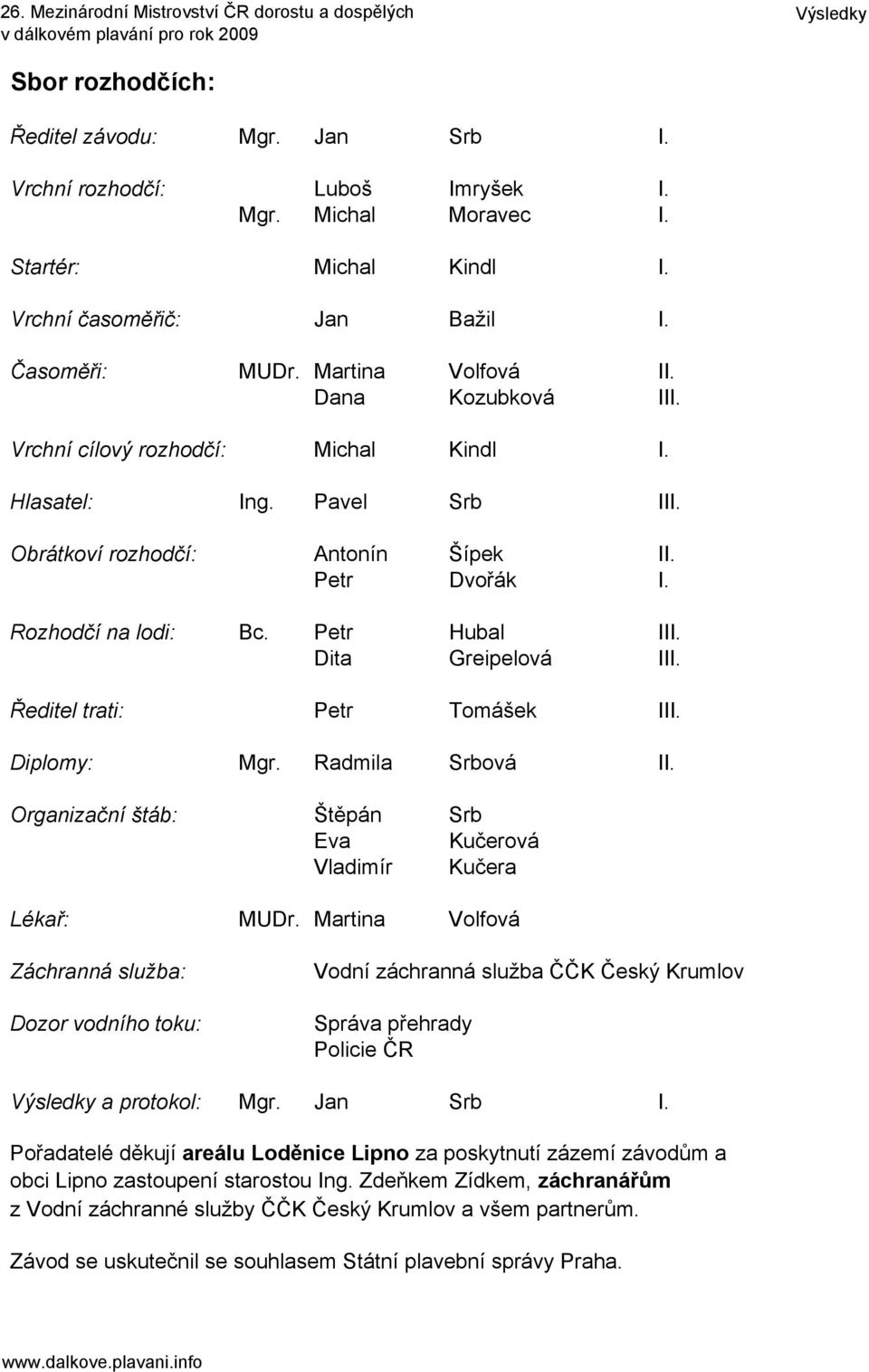 Dita Greipelová III. Ředitel trati: Petr Tomášek III. Diplomy: Mgr. Radmila Srbová II. Organizační štáb: Štěpán Srb Eva Kučerová Vladimír Kučera Lékař: MUDr.