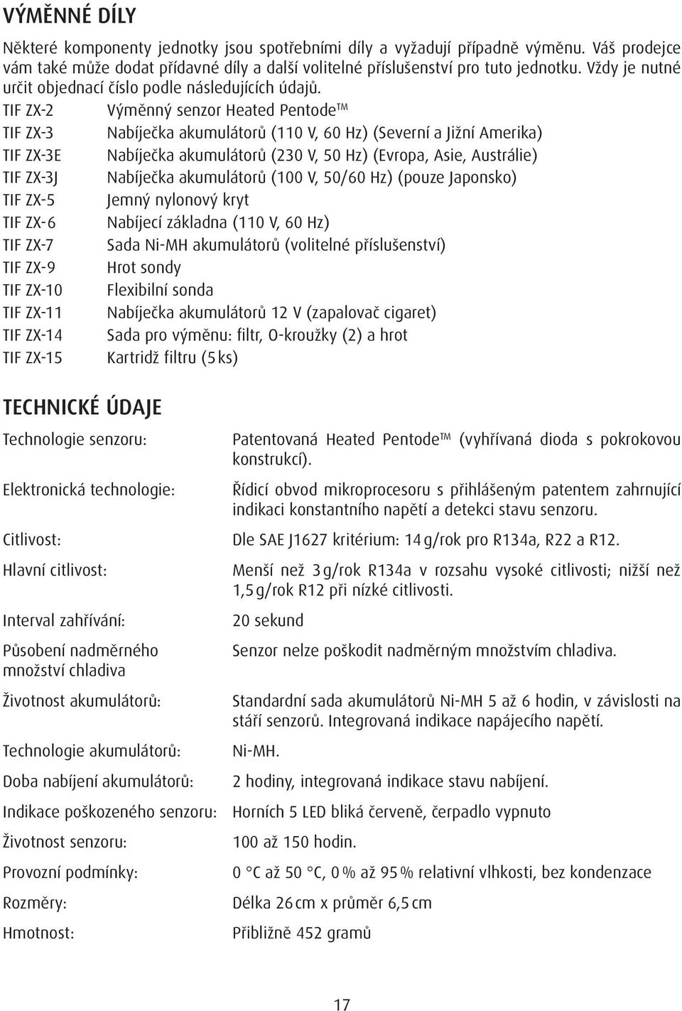 TIF ZX-2 Výměnný senzor Heated Pentode TM TIF ZX-3 Nabíječka akumulátorů (110 V, 60 Hz) (Severní a Jižní Amerika) TIF ZX-3E Nabíječka akumulátorů (230 V, 50 Hz) (Evropa, Asie, Austrálie) TIF ZX-3J