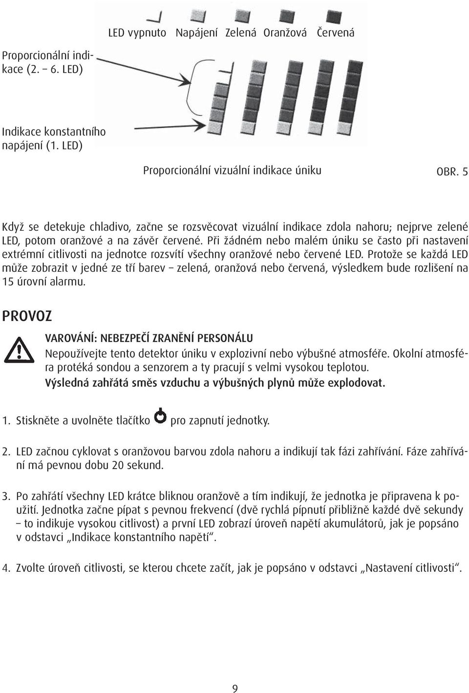 Při žádném nebo malém úniku se často při nastavení extrémní citlivosti na jednotce rozsvítí všechny oranžové nebo červené LED.