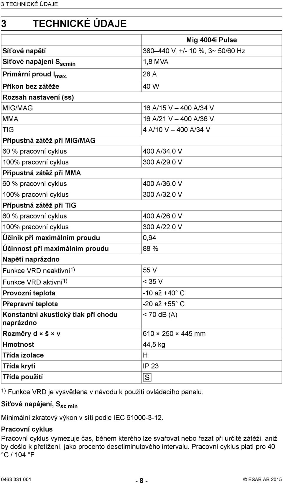 V 400 A/34 V 60 % pracovní cyklus 400 A/34,0 V 100% pracovní cyklus 300 A/29,0 V Přípustná zátěž při MMA 60 % pracovní cyklus 400 A/36,0 V 100% pracovní cyklus 300 A/32,0 V Přípustná zátěž při TIG 60