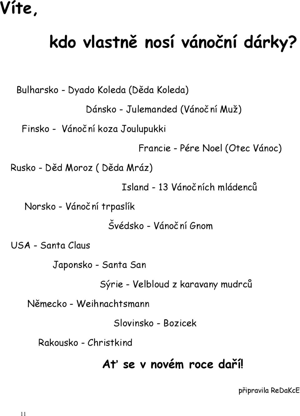 Pére Noel (Otec Vánoc) Rusko - Děd Moroz ( Děda Mráz) Island - 13 Vánočních mládenců Norsko - Vánoční trpaslík Švédsko