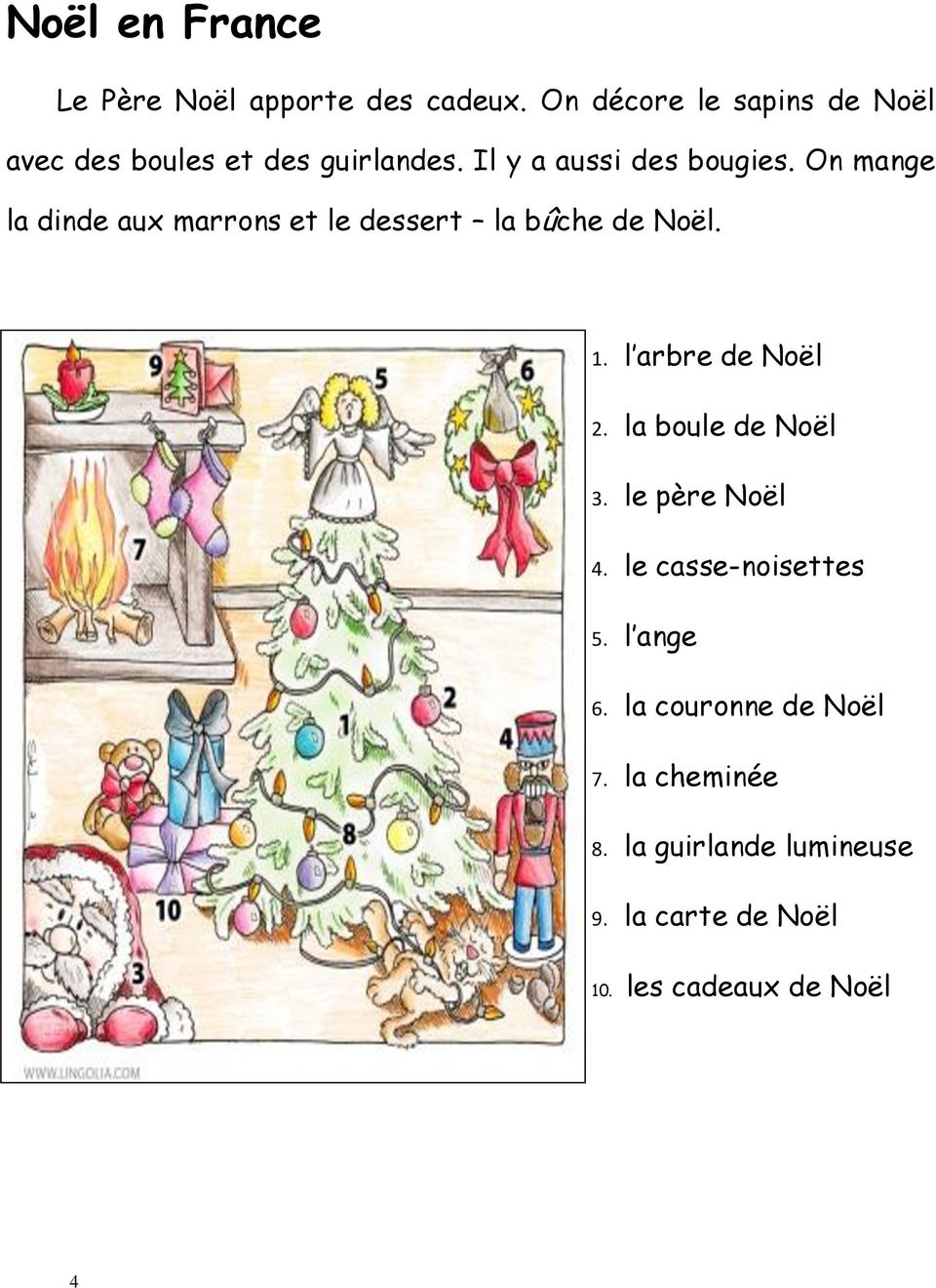 On mange la dinde aux marrons et le dessert la bûche de Noël. 1. l arbre de Noël 2.