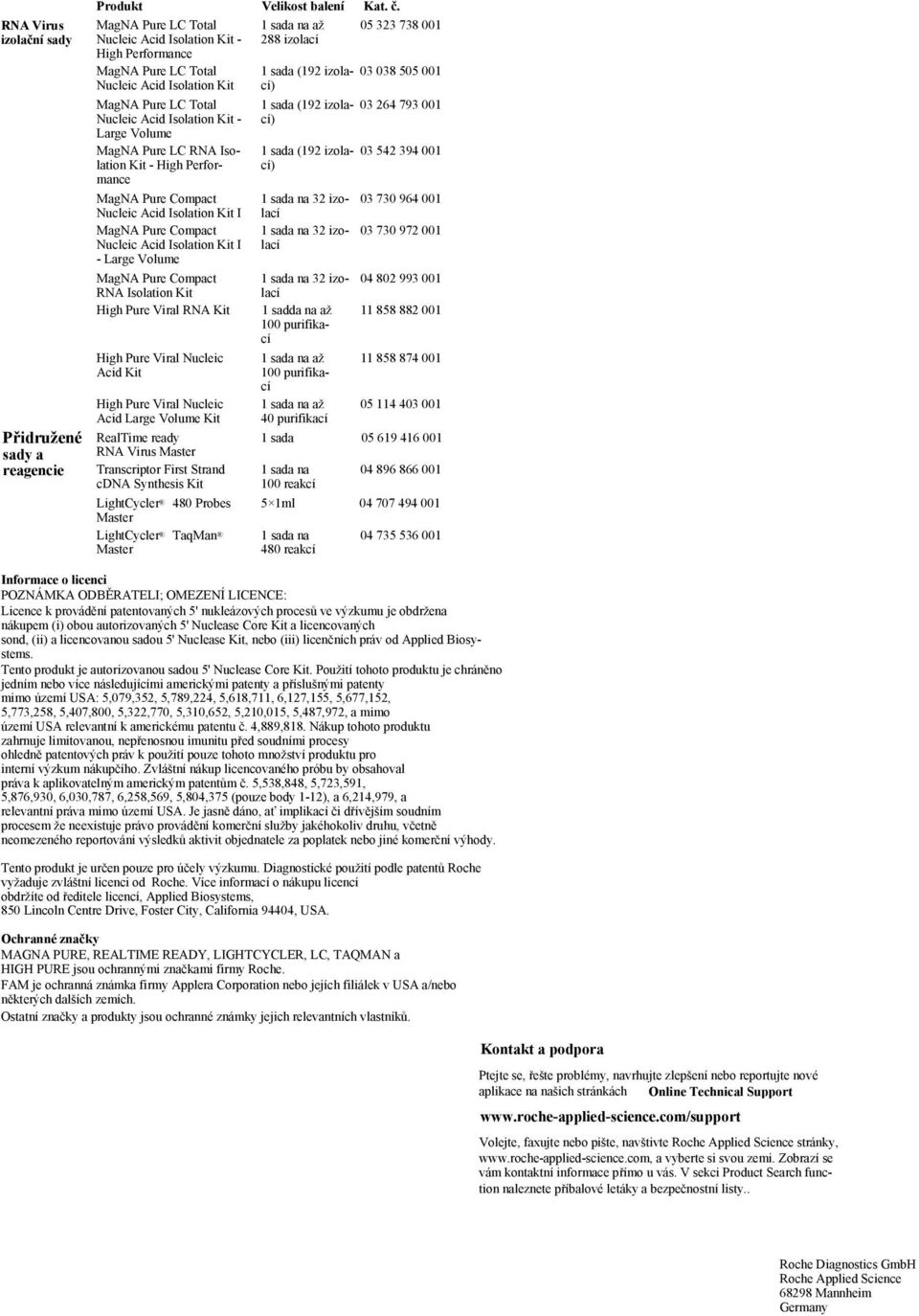 Isolation Kit cí) MagNA Pure LC Total 1 sada (192 izola- 03 264 793 001 Nucleic Acid Isolation Kit - cí) Large Volume MagNA Pure LC RNA Iso- 1 sada (192 izola- 03 42 394 001 lation Kit - High Perfor-