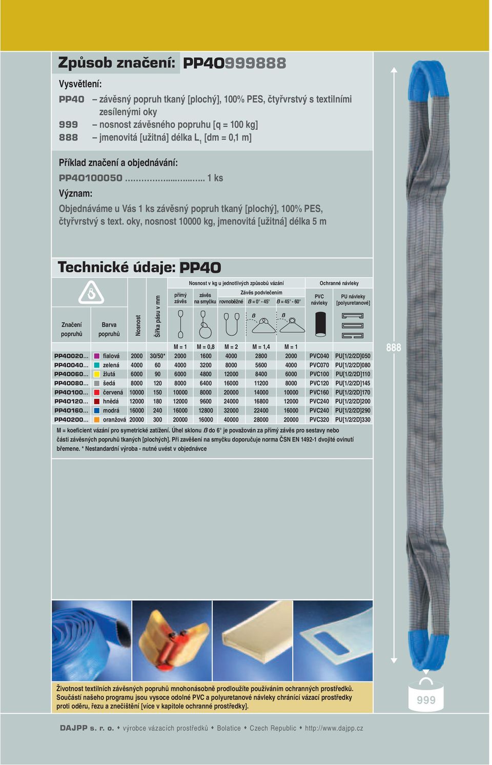 oky, nosnost 10000 kg, jmenovitá [užitná] délka 5 m Technické údaje: PP4O Značení Barva Nosnost Šířka pásu v mm přímý Nosnost v kg u jednotlivých způsobů vázání Závěs podvlečením na smyčku rovnoběžné